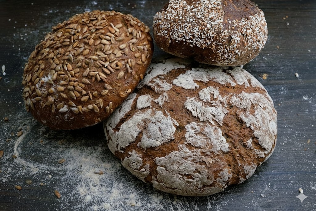 Drei rustikale glutenfreie Handwerksbrote mit Sonnenblumenkernen und Mehlbestäubung